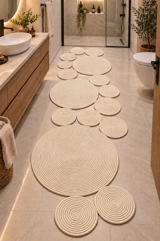 Bohem Asimetrik Jüt El Yapımı Yuvarlak Detaylı Jüt Hasır Görünümlü Dekoratif Kilim, Organik Form Modern Banyo Mutfak Koridor Halı Kilim Paspas Doğal Tasarım Krem 934606952 Krem