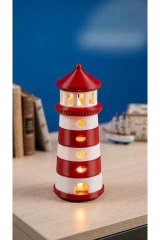 Dekoratif Tasarım Deniz Feneri Tealight - Kırmızı Beyaz Çok Renkli