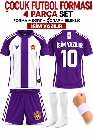 Yenteks İsim Yazılır Çocuk Futbol Forması Mor Beyaz Özel Tasarım 4 Parça Forma+şort+çorap+bileklik Mor - Beyaz
