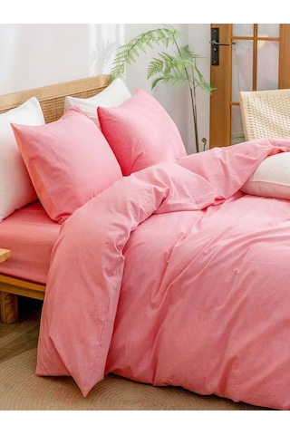 Caqqa Pure Cotton Serisi Pembe Çift Kişilik Çarşafı Lastikli Pamuk Nevresim Takımı