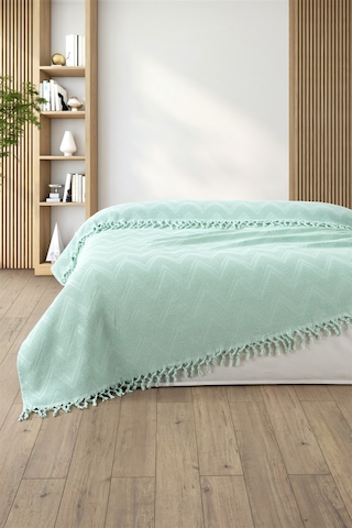 %100 Pamuk Çift Kişilik Bağlama Saçaklı Pike-220x240 Cm-mint Mınt Mint