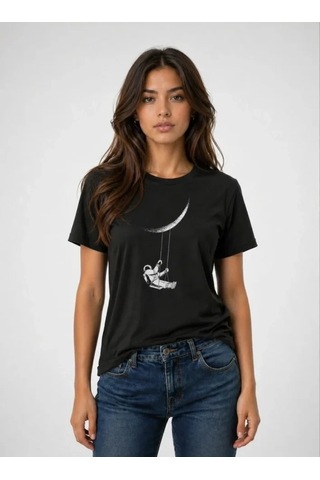 Defymoda Astronot Ay Temalı Tişört Kısa Kol Yazlık Bisiklet Yaka T-shirt - Siyah