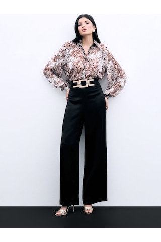Sateen Bel Kemerli Saten Krep Pantolon - Siyah-135970 Siyah