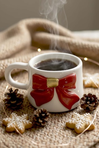 Rivaistanbul Kurdele Amore 24 K Altın Süslemeli El Yapımı Yılbaşı Hediyesi Seramik Double Kahve Fincanı, Mug, Kupa Kırmızı