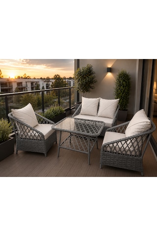 Omit Pazar Aura Gri Rattan Bahçe Balkon Oturma Takımı 2+1+1 Cam Sehpalı Balkon, Bahçe, Teras Ve Ofis Bekleme Alanı