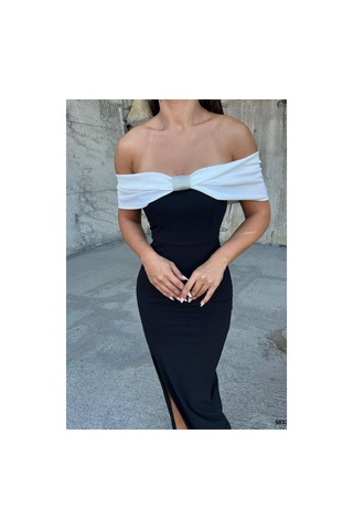 DefyModa Kadın Özgün Tasarım Esnek Krep Kumaş Straplez Taş Detaylı Abiye Elbise Siyah