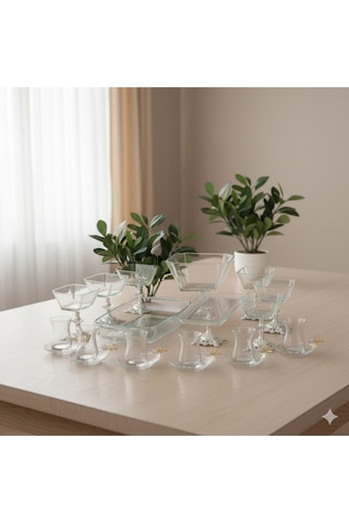 Çnr Home Collection Paşabahçe Gold Detaylı Metal Ayaklı Sunum & Servis Seti Pasta , Magnolia ,çay Seti , Kurabiyelik Gümüş