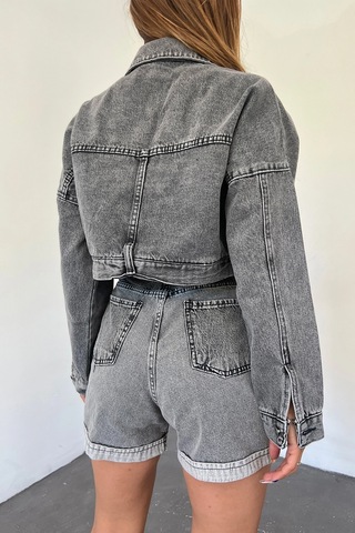 Koyu Antrasit Çift Cepli Fermuarlı Yıkamalı Crop Denim Ceket Bcdf-235410 Çok Renkli
