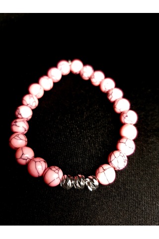 Pembe Turkuaz Taşı Ve Metal Boncuk Detaylı El Yapımı Bileklik Açık Pembe