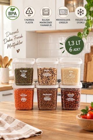 Porsima 4519 6'lı Set 1.3 Litre Şeffaf Erzak Saklama Kabı - Mutfak & Bakliyat Düzenleyici