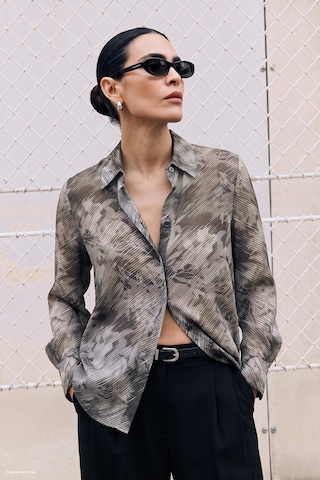 Sateen Çizgili Çiçek Desenli Gömlek - Kahve-137905