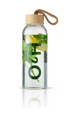 İronika H2o Borosilikat Cam Matara Bambu Vakum Kapaklı Su Şişesi Suluk 600 Ml Açık Kahverengi