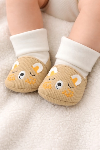 Baby Shez Bebek Ayakkabısı Yumuşak Kaymaz Taban Rahat Çoraplı Patik Bej