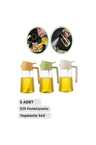3 Adet Çift Fonksiyonlu Yağdanlık 450ml Zeytinyağı Sıvıyağ Cam Şişe Sprey Airfryer Yağlık Sirkelik Çok Renkli
