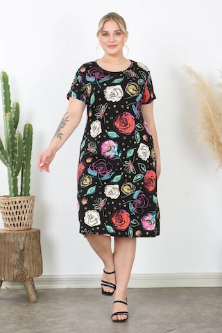 Kadın Siyah Çok Renkli Çiçek Desen Midi Elbise Siyah