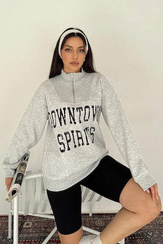 Noa & Noa Kadın Fermuarlı Baskılı Sweatshirt Downtown Energy Gri