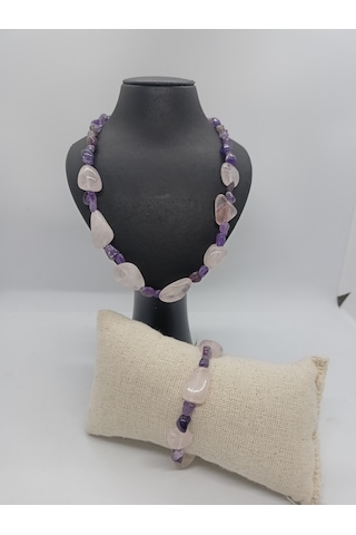 Doğaltaşkolye/bileklik Takım - Pembe Kuvars Ve Ametist Taşı Takım Mdl-1005/balık Hediyelik Mor - Pembe
