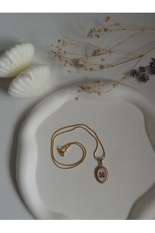 Handmade Pirinç Üzeri Altın Kaplama Oval Yonca Plaka Kadın Kolye -cloverluck Sevgiliye Hediye