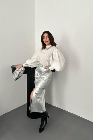 Alemdarshop Gümüş Varaklı Gabardin Yırtmaçlı Etek