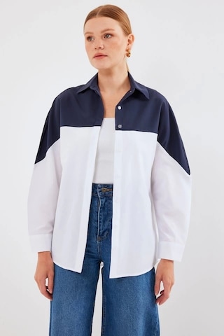 Defymoda 20221 Blok Renkli Oversize Gömlek - Lacivert Laci Vert Lacivert