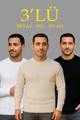 Barlashive Erkek Fitilli Triko Kazak 3 Lü Set Bej Beyaz Siyah Kalın Dokuma Pamuklu Regular Fit Çok Renkli