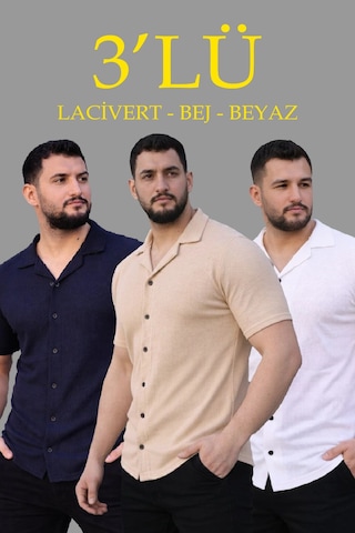 Novalisse Erkek Waffle Kumaş Yakalı Kısa Kol Düğmeli Gömlek 3 Lü Set Bej-beyaz-lacivert Çoklu Renk
