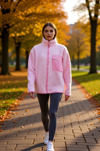 Benerly Kadın Dik Yaka Düşük Kol Tam Fermuarlı Peluş Sweatshirt Fonksiyon Açık Pembe