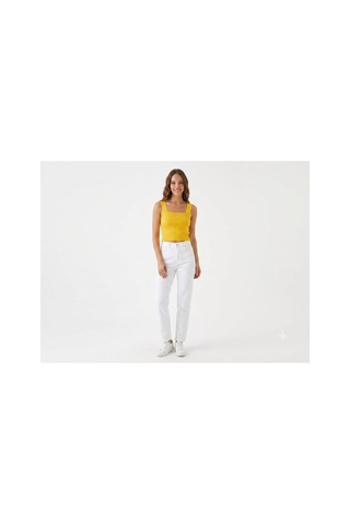 Onno Style Women Kolsuz Askılı Kare Yaka Fitilli Triko Kadın Bluz Hardal