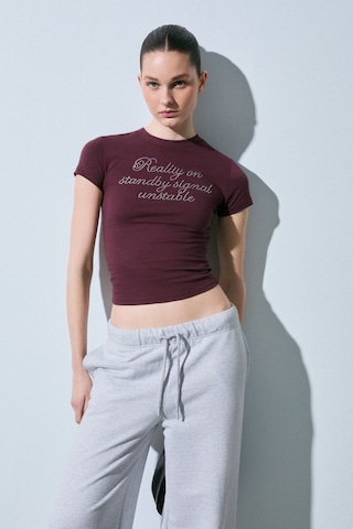 Grımelange Vanyrose Kadın Yumuşak Kumaşlı %100 Pamuk Taş Detaylı Slim Fit Bordo T-shirt Bordo