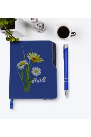 Kişiye Özel Papatya Temalı Lacivert Termo Deri Defter Kalem Seti- N11.139
