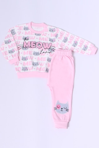 Hçm Kız Bebek Eşofman Takımı Kedicik Baskılı Çıtçıtlı B72 Pembe
