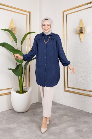 Önü Büzgülü Bilek Lastikli Tunik - Lacivert / Ü104 Lacivert