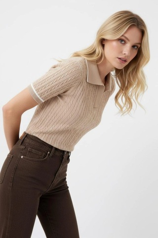 Rovebella Incanto Polo Yaka Saç Örgü Vizon Triko Bluz