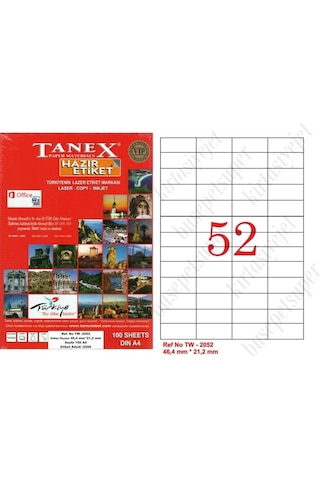Tanex Tw-2052 Ebat 46 X 21 MM Lazer Etiket A4 Sayfada 52 Etiket