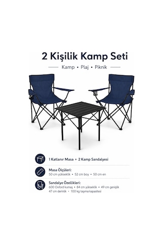 2 Sandalyeli Katlanır Kamp Seti 52 Cm Masa Ve Sandalye Lacivert