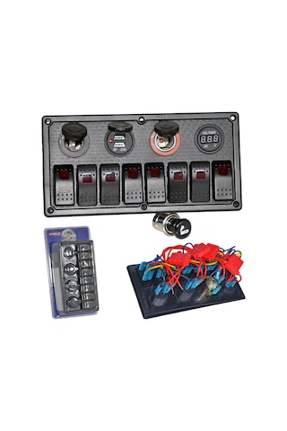 Carub Anahtar Switch Paneli 8 Lı Voltmetre + Usb + Çakmak Kırmızı Işıklı 23,5x12 Cm Br4630155