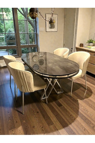 Msy Home 4 Kişilik Berya İroni Oval Masa Krom Ayak Yönsüz Kumaş Modern Ve Şık Yemek Odası Takımı 42530 Bej