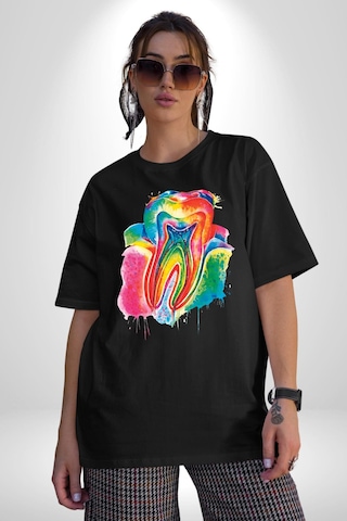 Diş Doktoru Diş Anatomisi Özel Tasarım Pamuklu Bisiklet Yaka Unisex Oversize Boyfriend Dijital Baskılı Siyah T-shirt Siyah
