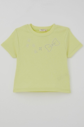 Breeze Kız Çocuk Crop Tişört Taşlı Fiyonk Baskılı 7-12 Yaş, Fıstık Yeşili