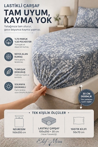 Tek Kişilik Nevresim Takımı Lastikli Çarşaflı Pamuklu Vintage Gri
