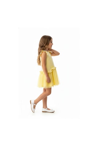 Toontoy Kids Toontoy Kız Çocuk Regular Fit Bisiklet Yaka Fırfır Kol Fiyonk Detaylı Tüllü Elbise 25047 Açık Sarı