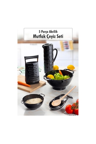 Akrilik Siyah 5 Parça Sürahi & Rende & Süzgeç & Mini Süzgeç & Kaşıklık & Mutfak Çeyiz Seti Siyah