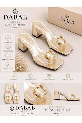 Dabab Shoes Andy Kadın Şeffaf Bantlı Taş Tokalı Kare Burunlu Bej 7 Cm Kalın Topuklu Terlik