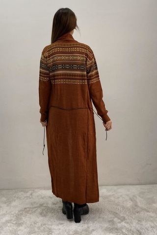 Onno Style Women Kilim Desen Uzun Ceket Kiremit