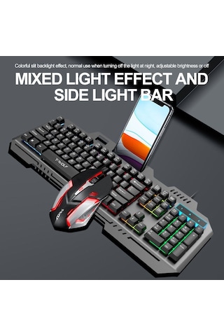 T-wolf Tf600 104 Tuşlu Kablolu Arkadan Aydınlatmalı Klavye Ve Fare Seti, Metal Panel Ve Telefon Standı İle Siyah Optik