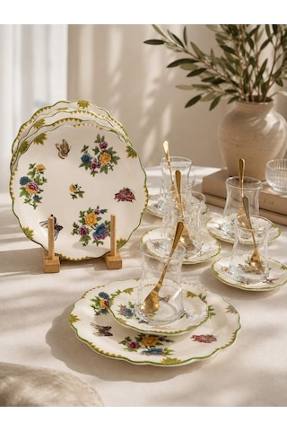 18 Parça Butterfly Garden Pasta Çay Takımı Seti-6134 beyaz