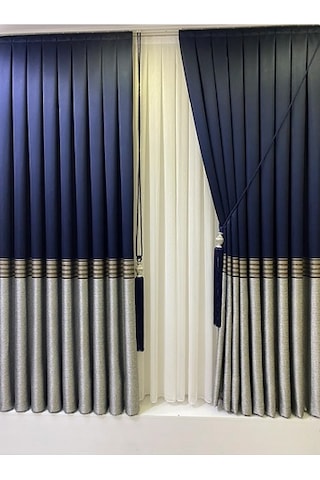 Takım Fon Perde Lacivert-gri 2 Kanat Fon+aksesuar Lacivert