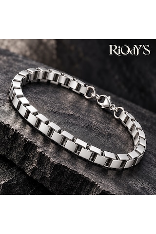 Riody's Kastor Erkek Bileklik Gümüş Renk Çelik Kare Arnavut Zincir Kancalı Kilit Beyaz - Gümüş