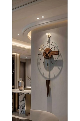 Metaquartz Aksesuar Ekru Gravity Ceviz - Kırılmaz Tamper Cam - Büyük Boy 33x85cm - Metal Mobilya Duvar Saati Go Çok Renkli