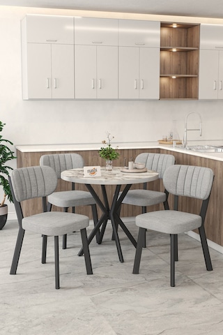 Gnr 90cm Sabit Efes Mutfak Masası Takımı, Yemek Masası, 4 Modern Gri Sandalye Gri
